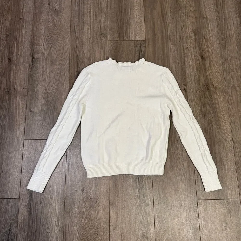 J.Crew Cable-Knit Hearts Crewneck Sweater WMNS S Cream Scalloped Neck Pullover